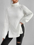 Full Size Turtleneck Rib-Knit Slit Sweater - Normabest