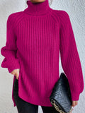 Full Size Turtleneck Rib-Knit Slit Sweater - Normabest