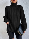 Full Size Turtleneck Rib-Knit Slit Sweater - Normabest