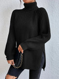 Full Size Turtleneck Rib-Knit Slit Sweater - Normabest