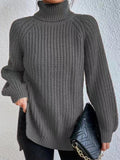 Full Size Turtleneck Rib-Knit Slit Sweater - Normabest