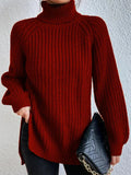 Full Size Turtleneck Rib-Knit Slit Sweater - Normabest