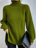 Full Size Turtleneck Rib-Knit Slit Sweater - Normabest