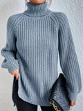 Full Size Turtleneck Rib-Knit Slit Sweater - Normabest