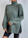 Full Size Turtleneck Rib-Knit Slit Sweater - Normabest