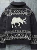 Men's Black Fawn Jacquard Sweater Zip Long Sleeve Knit Jacket